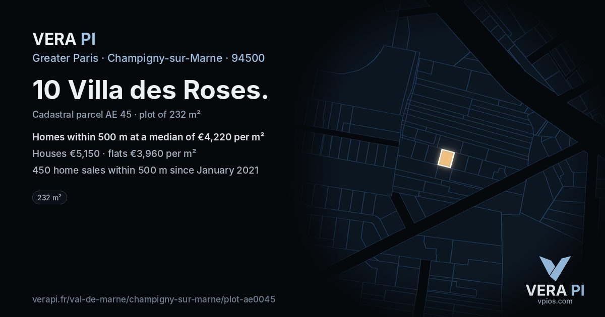 10 Villa des Roses, Champigny-sur-Marne at night – the plot lit, the parcels around coloured by the prices near them