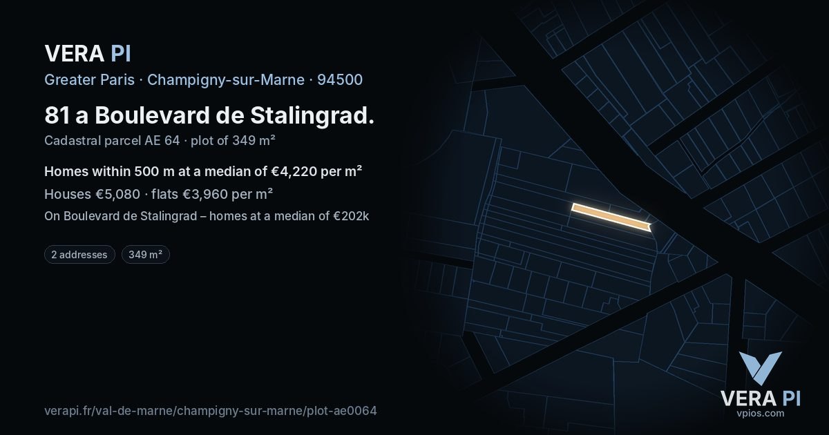 81 a Boulevard de Stalingrad, Champigny-sur-Marne at night – the plot lit, the parcels around coloured by the prices near them