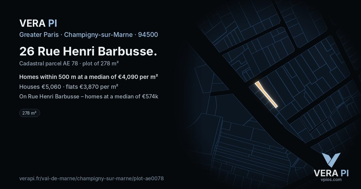 26 Rue Henri Barbusse, Champigny-sur-Marne at night – the plot lit, the parcels around coloured by the prices near them