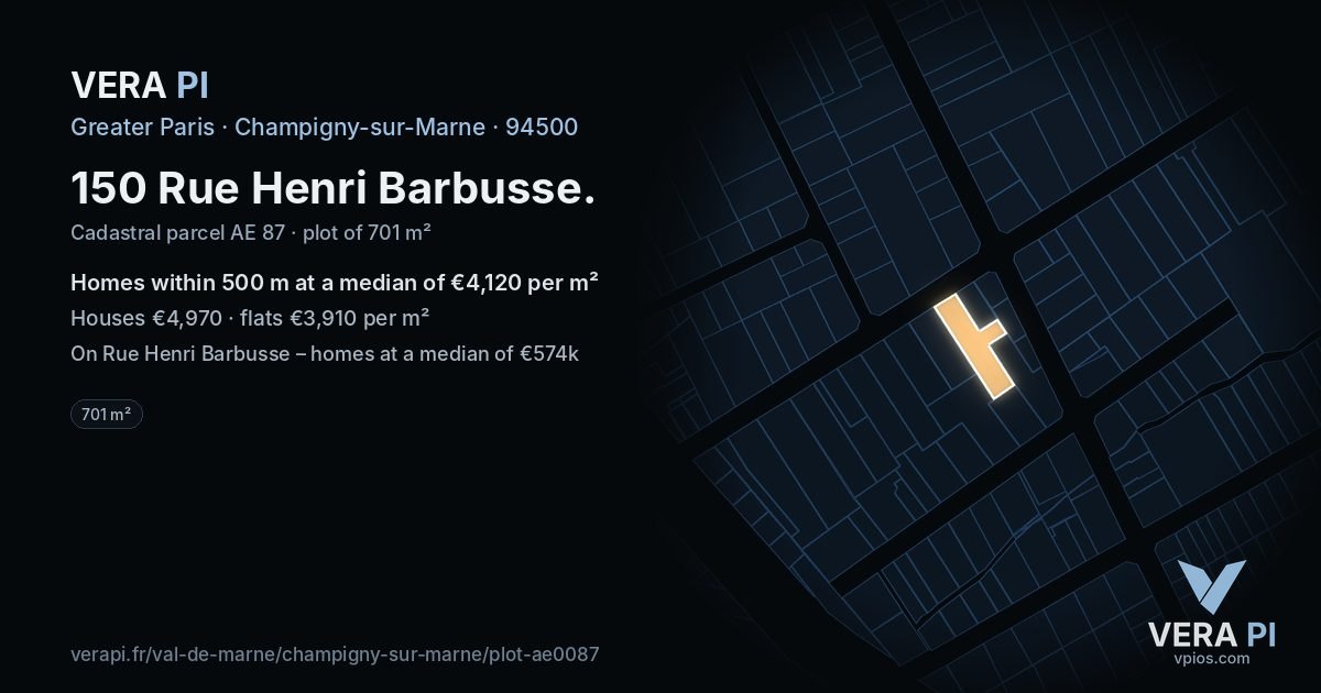 150 Rue Henri Barbusse, Champigny-sur-Marne at night – the plot lit, the parcels around coloured by the prices near them