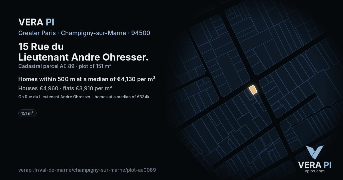 15 Rue du Lieutenant Andre Ohresser, Champigny-sur-Marne at night – the plot lit, the parcels around coloured by the prices near them