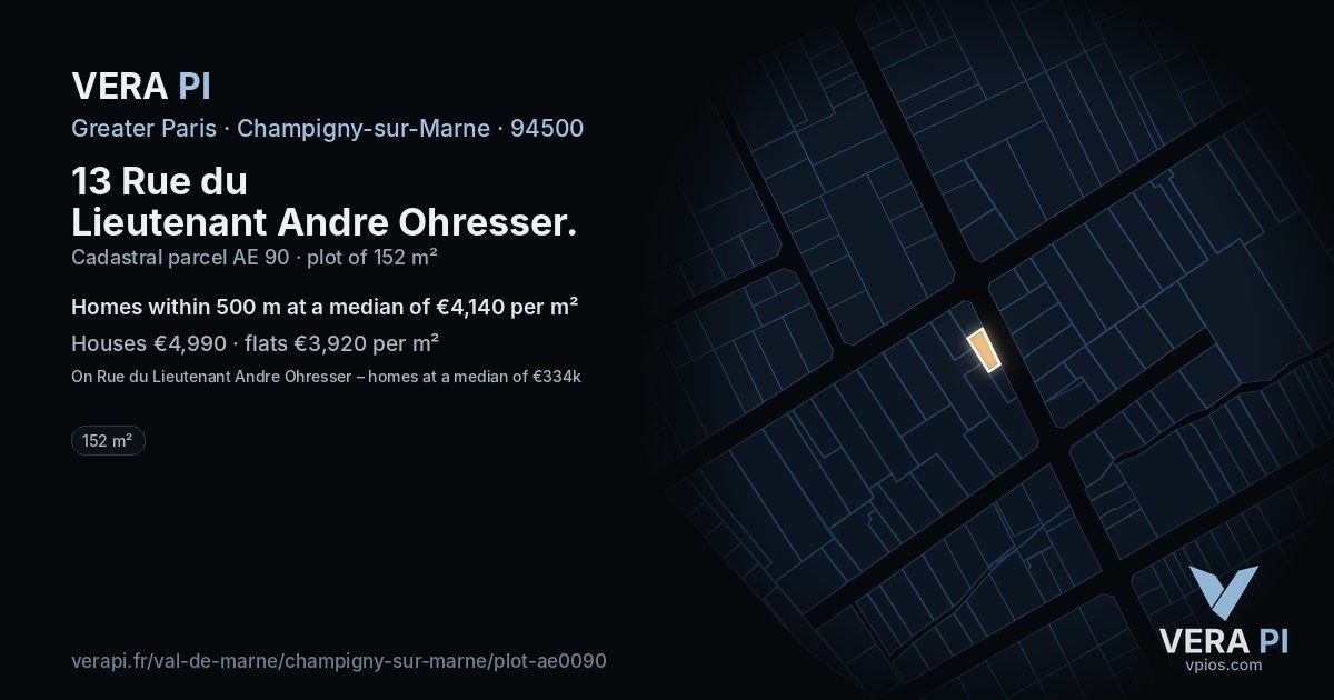 13 Rue du Lieutenant Andre Ohresser, Champigny-sur-Marne at night – the plot lit, the parcels around coloured by the prices near them