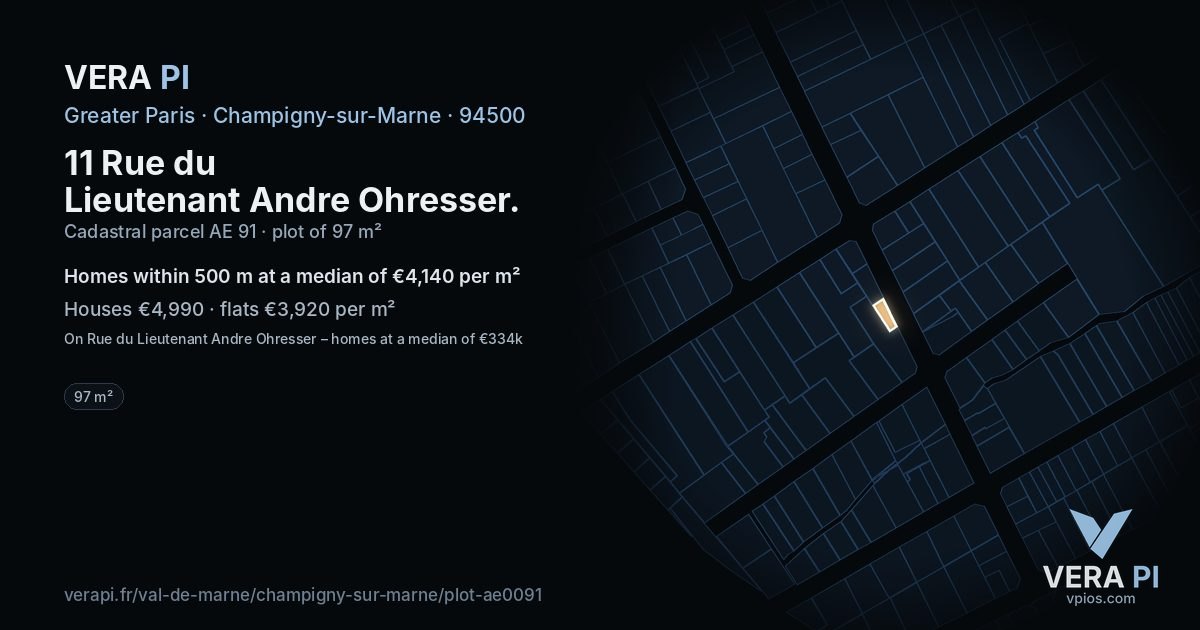 11 Rue du Lieutenant Andre Ohresser, Champigny-sur-Marne at night – the plot lit, the parcels around coloured by the prices near them