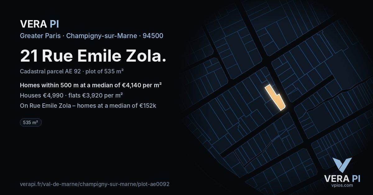 21 Rue Emile Zola, Champigny-sur-Marne at night – the plot lit, the parcels around coloured by the prices near them