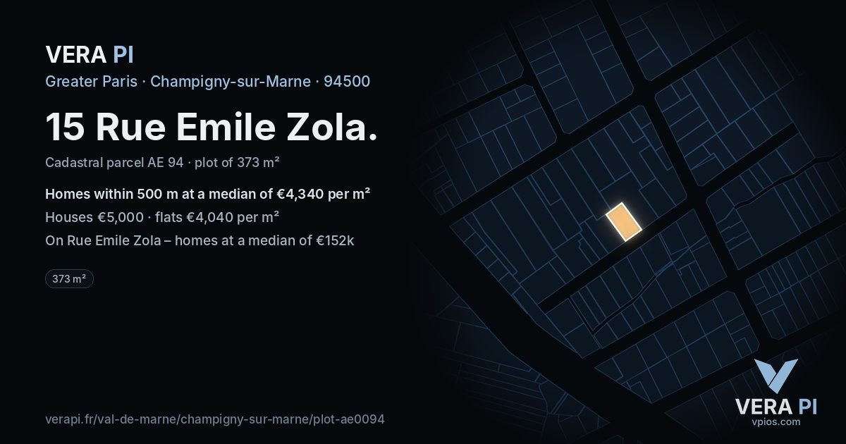 15 Rue Emile Zola, Champigny-sur-Marne at night – the plot lit, the parcels around coloured by the prices near them