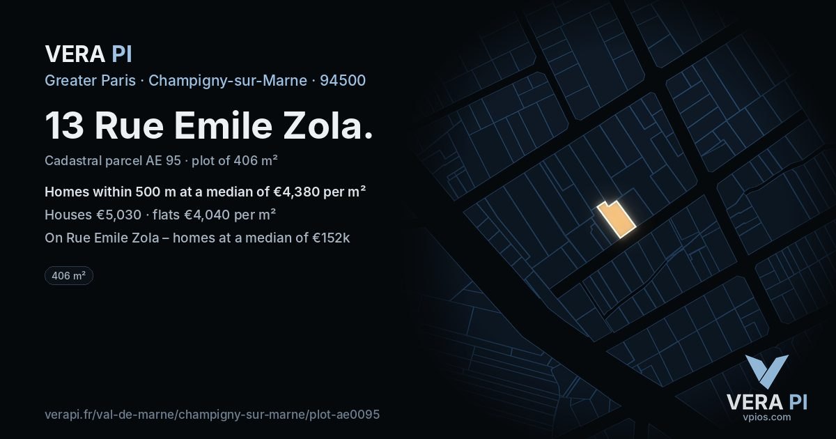 13 Rue Emile Zola, Champigny-sur-Marne at night – the plot lit, the parcels around coloured by the prices near them