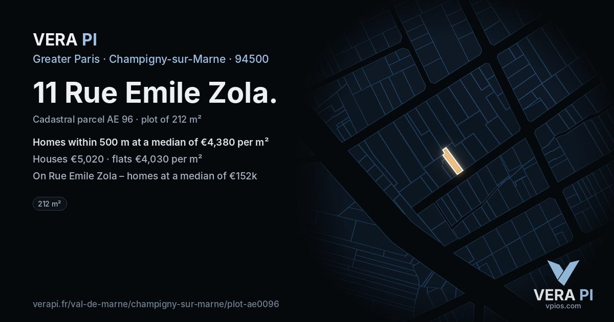 11 Rue Emile Zola, Champigny-sur-Marne at night – the plot lit, the parcels around coloured by the prices near them
