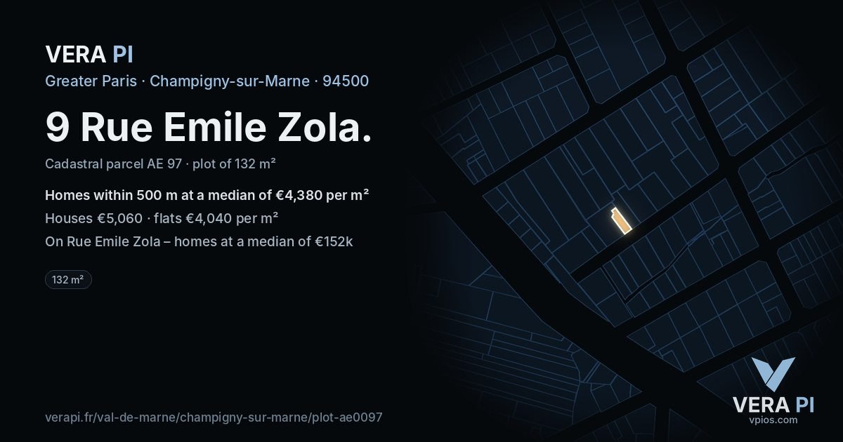 9 Rue Emile Zola, Champigny-sur-Marne at night – the plot lit, the parcels around coloured by the prices near them