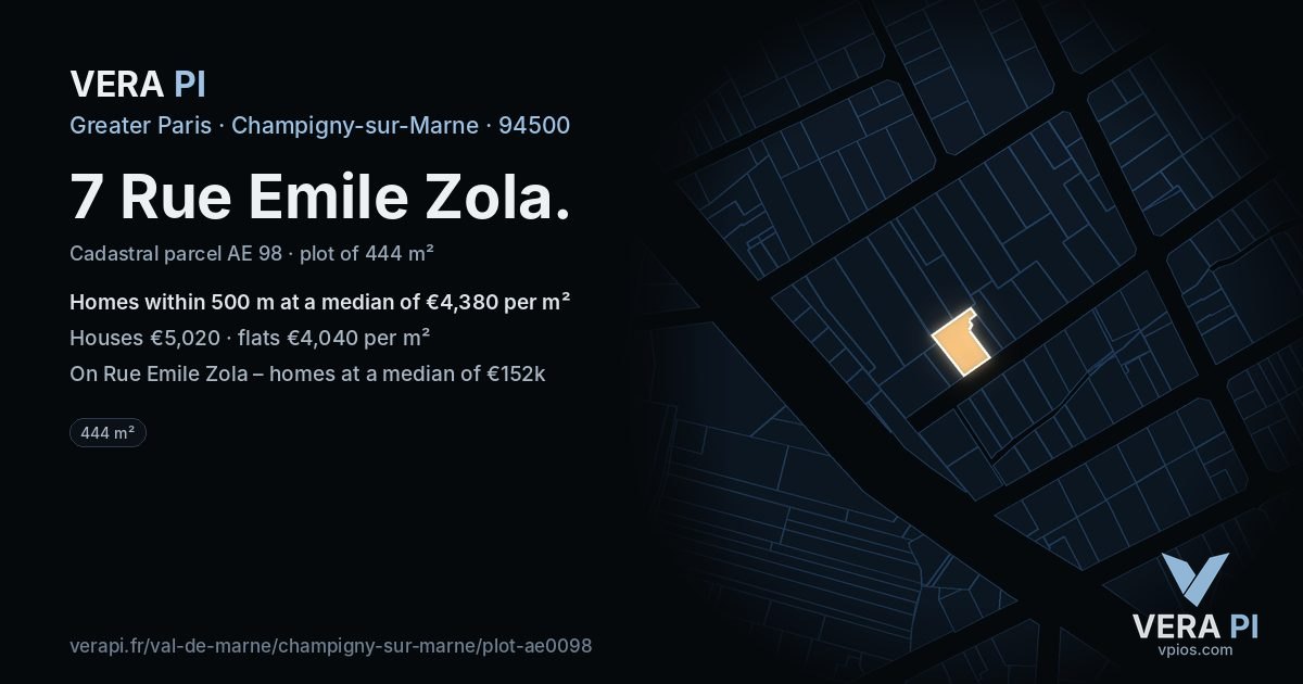 7 Rue Emile Zola, Champigny-sur-Marne at night – the plot lit, the parcels around coloured by the prices near them