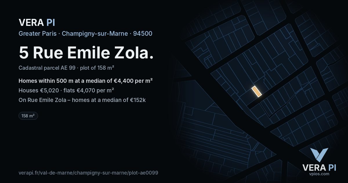 5 Rue Emile Zola, Champigny-sur-Marne at night – the plot lit, the parcels around coloured by the prices near them