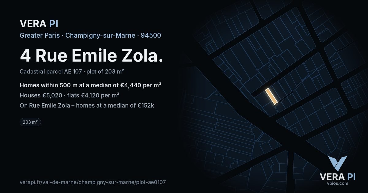 4 Rue Emile Zola, Champigny-sur-Marne at night – the plot lit, the parcels around coloured by the prices near them