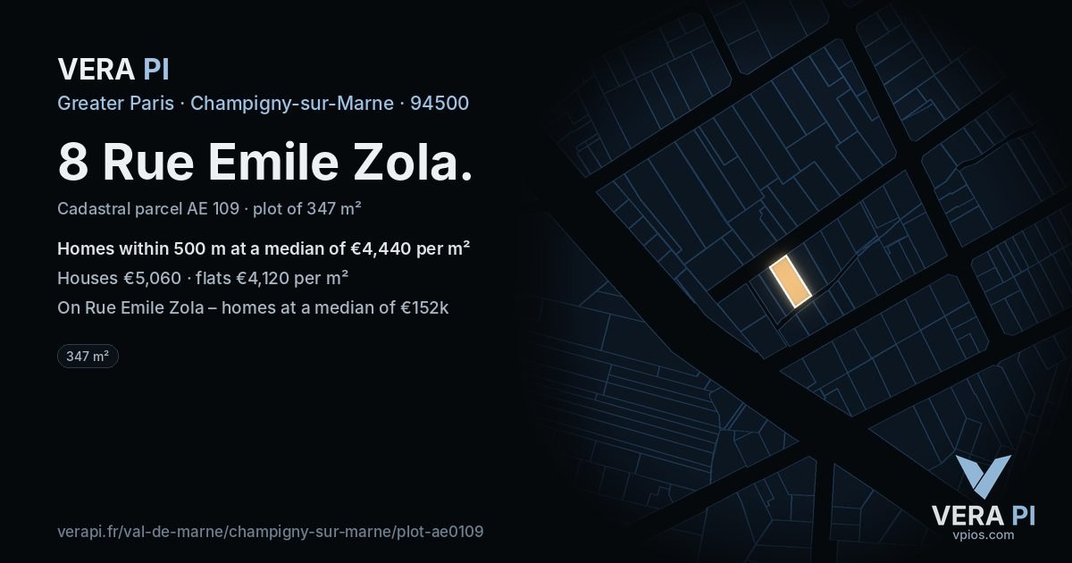 8 Rue Emile Zola, Champigny-sur-Marne at night – the plot lit, the parcels around coloured by the prices near them