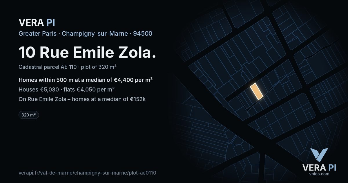 10 Rue Emile Zola, Champigny-sur-Marne at night – the plot lit, the parcels around coloured by the prices near them