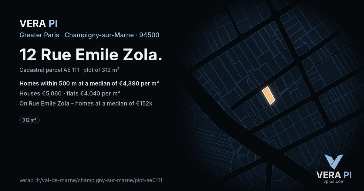 12 Rue Emile Zola, Champigny-sur-Marne at night – the plot lit, the parcels around coloured by the prices near them