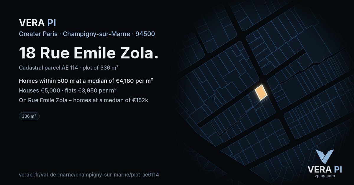 18 Rue Emile Zola, Champigny-sur-Marne at night – the plot lit, the parcels around coloured by the prices near them