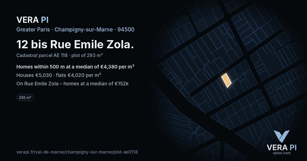 12 bis Rue Emile Zola, Champigny-sur-Marne at night – the plot lit, the parcels around coloured by the prices near them