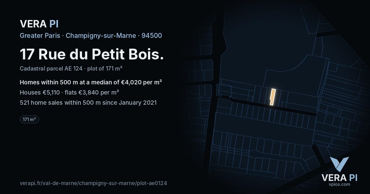 17 Rue du Petit Bois, Champigny-sur-Marne at night – the plot lit, the parcels around coloured by the prices near them