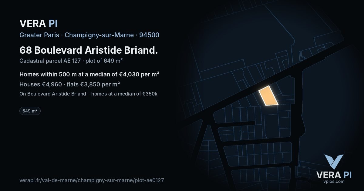 68 Boulevard Aristide Briand, Champigny-sur-Marne at night – the plot lit, the parcels around coloured by the prices near them