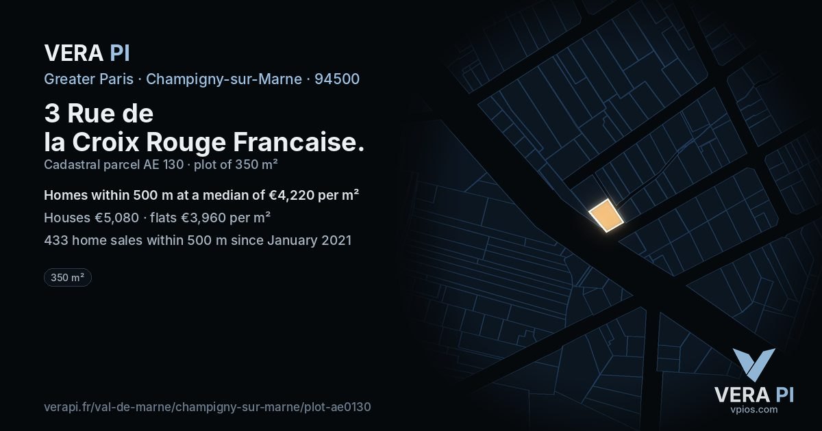 3 Rue de la Croix Rouge Francaise, Champigny-sur-Marne at night – the plot lit, the parcels around coloured by the prices near them