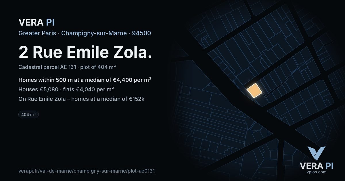 2 Rue Emile Zola, Champigny-sur-Marne at night – the plot lit, the parcels around coloured by the prices near them