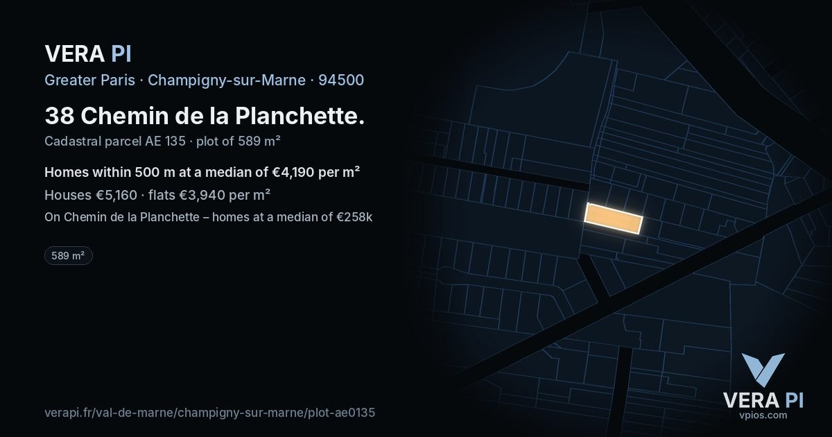 38 Chemin de la Planchette, Champigny-sur-Marne at night – the plot lit, the parcels around coloured by the prices near them