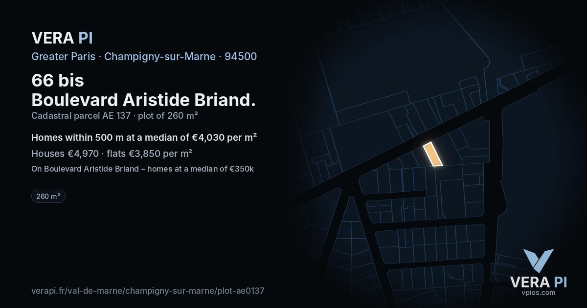 66 bis Boulevard Aristide Briand, Champigny-sur-Marne at night – the plot lit, the parcels around coloured by the prices near them