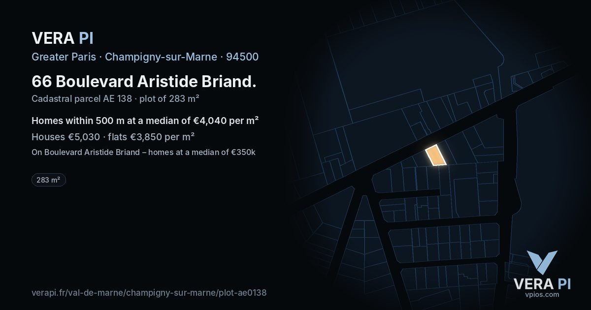 66 Boulevard Aristide Briand, Champigny-sur-Marne at night – the plot lit, the parcels around coloured by the prices near them