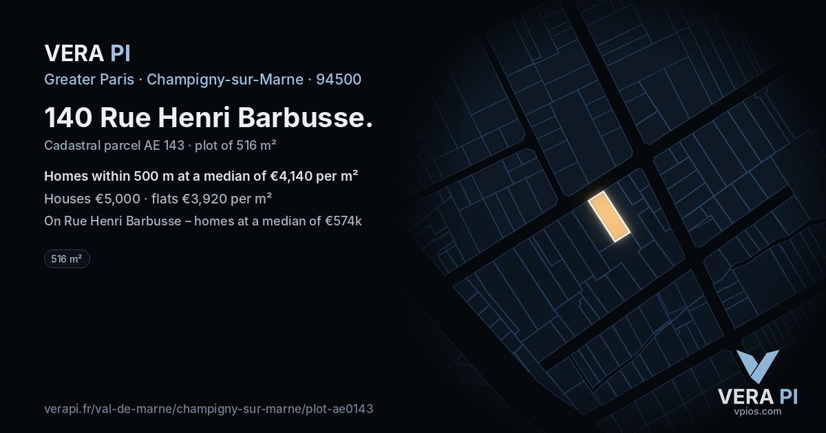 140 Rue Henri Barbusse, Champigny-sur-Marne at night – the plot lit, the parcels around coloured by the prices near them