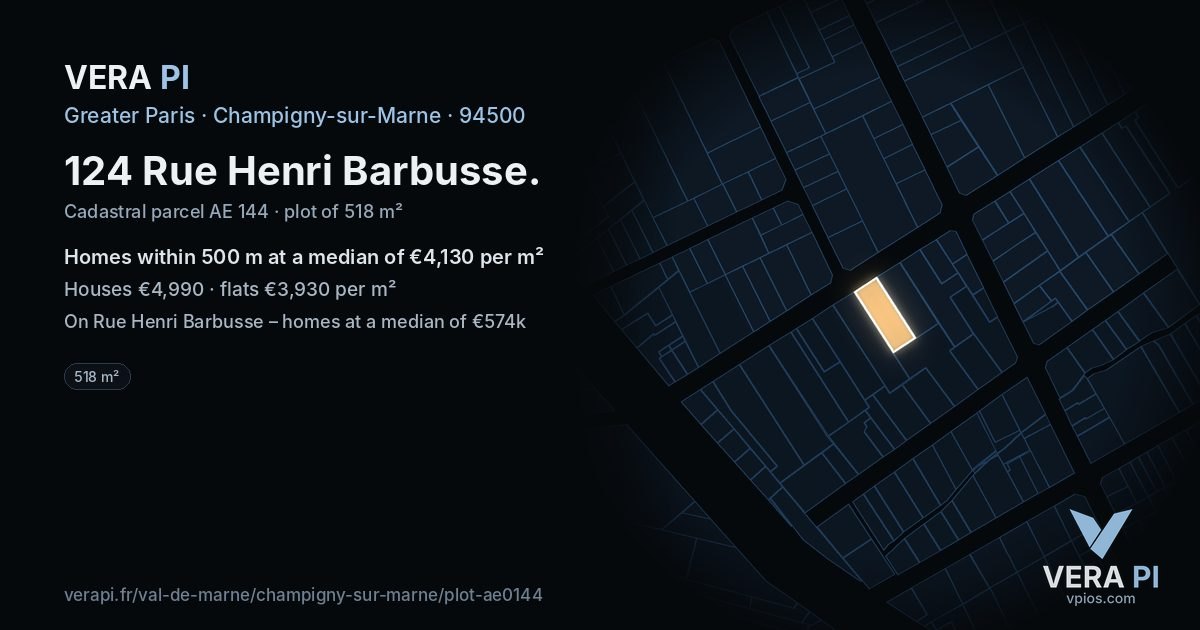 124 Rue Henri Barbusse, Champigny-sur-Marne at night – the plot lit, the parcels around coloured by the prices near them