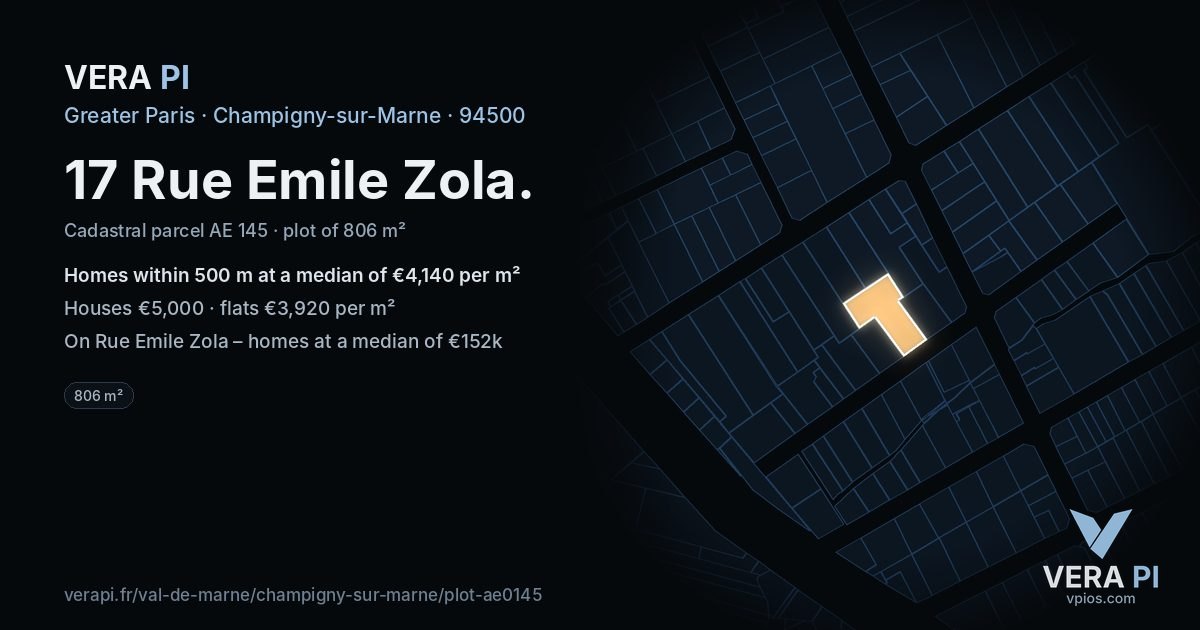 17 Rue Emile Zola, Champigny-sur-Marne at night – the plot lit, the parcels around coloured by the prices near them