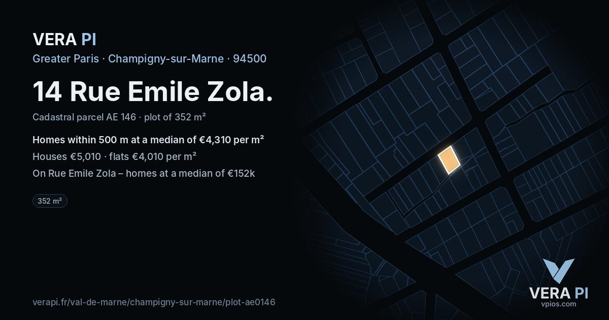 14 Rue Emile Zola, Champigny-sur-Marne at night – the plot lit, the parcels around coloured by the prices near them