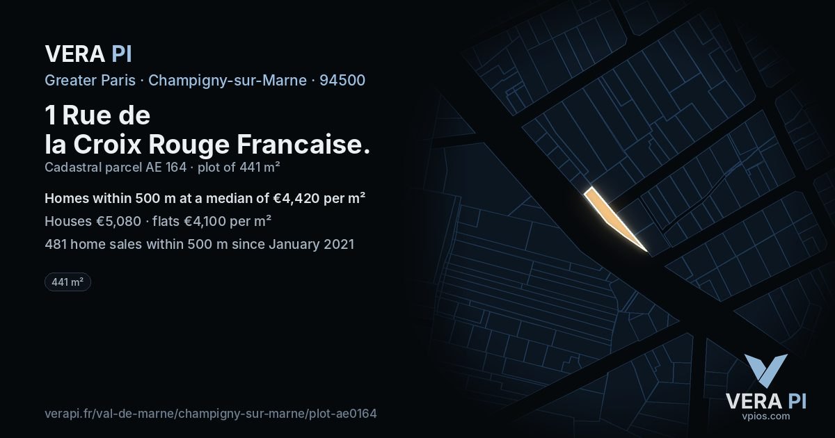 1 Rue de la Croix Rouge Francaise, Champigny-sur-Marne at night – the plot lit, the parcels around coloured by the prices near them