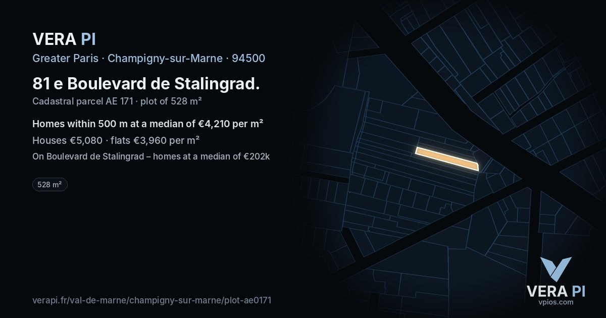 81 e Boulevard de Stalingrad, Champigny-sur-Marne at night – the plot lit, the parcels around coloured by the prices near them