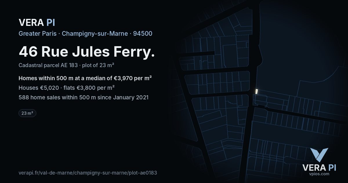 46 Rue Jules Ferry, Champigny-sur-Marne at night – the plot lit, the parcels around coloured by the prices near them