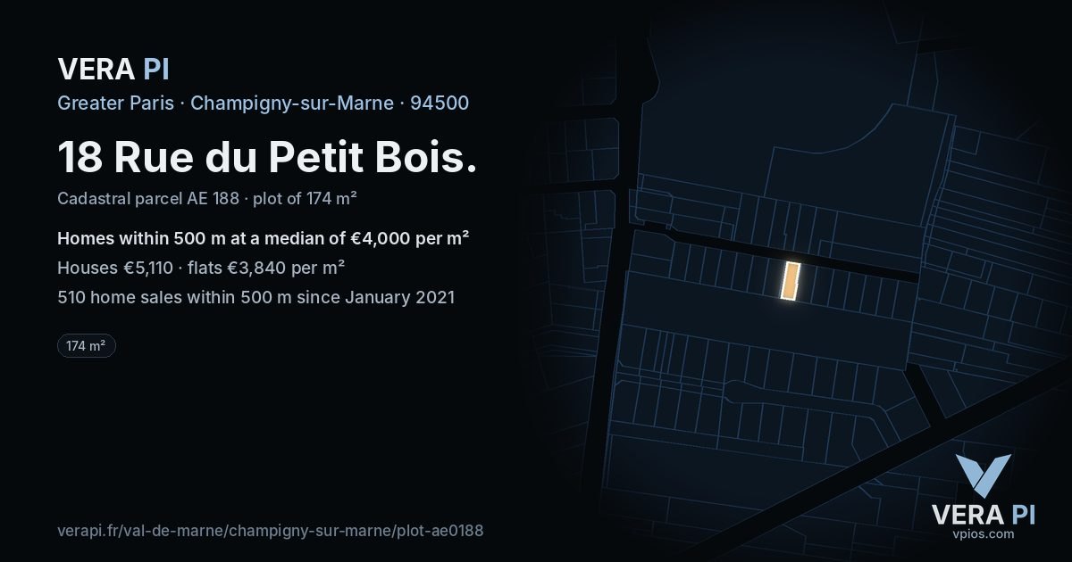 18 Rue du Petit Bois, Champigny-sur-Marne at night – the plot lit, the parcels around coloured by the prices near them