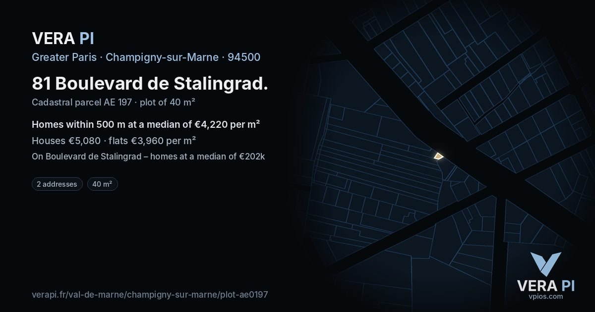 81 Boulevard de Stalingrad, Champigny-sur-Marne at night – the plot lit, the parcels around coloured by the prices near them