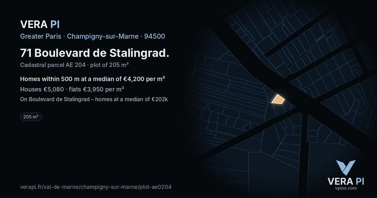 71 Boulevard de Stalingrad, Champigny-sur-Marne at night – the plot lit, the parcels around coloured by the prices near them