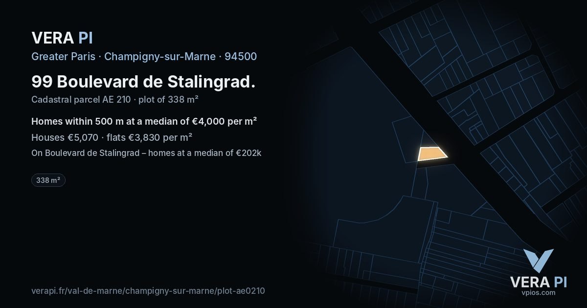 99 Boulevard de Stalingrad, Champigny-sur-Marne at night – the plot lit, the parcels around coloured by the prices near them
