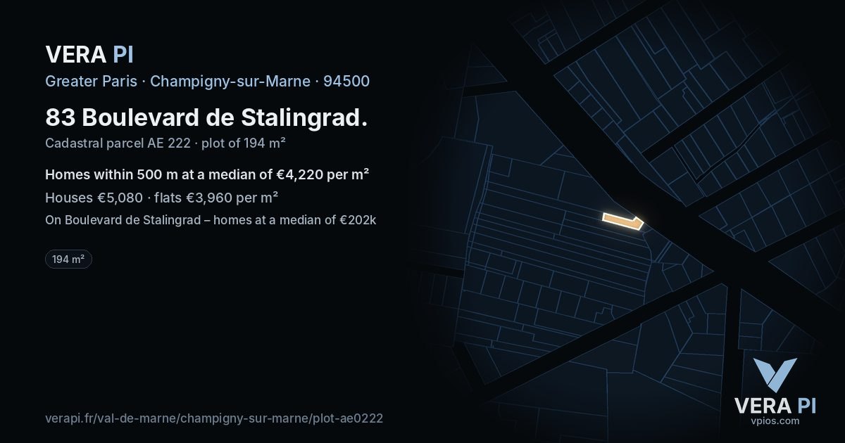 83 Boulevard de Stalingrad, Champigny-sur-Marne at night – the plot lit, the parcels around coloured by the prices near them