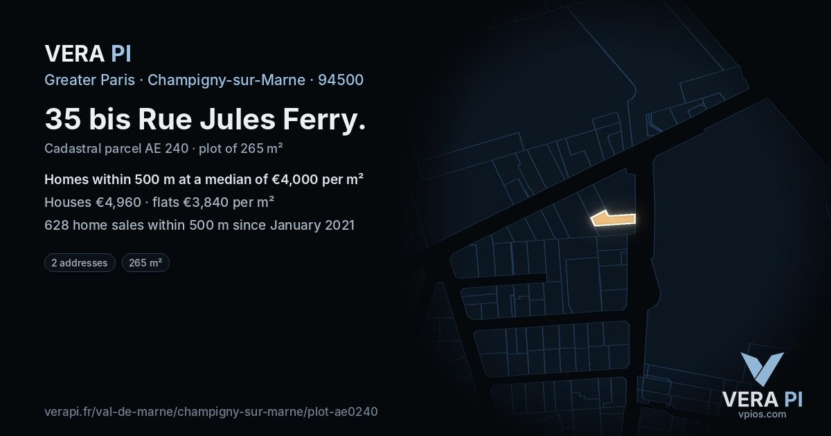 35 bis Rue Jules Ferry, Champigny-sur-Marne at night – the plot lit, the parcels around coloured by the prices near them