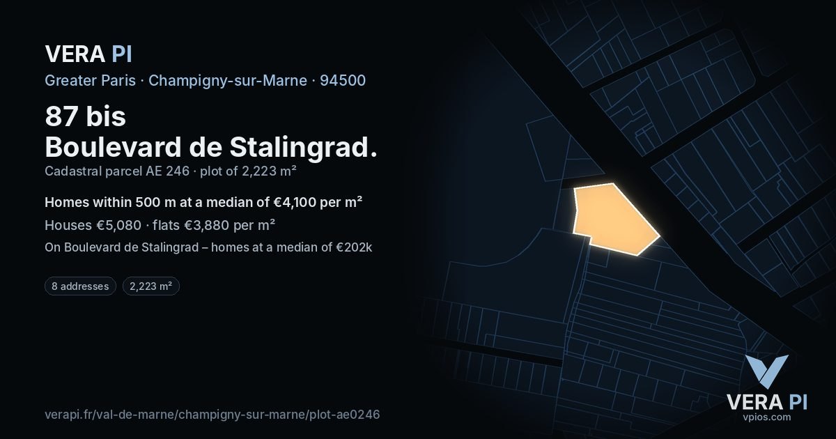 87 bis Boulevard de Stalingrad, Champigny-sur-Marne at night – the plot lit, the parcels around coloured by the prices near them