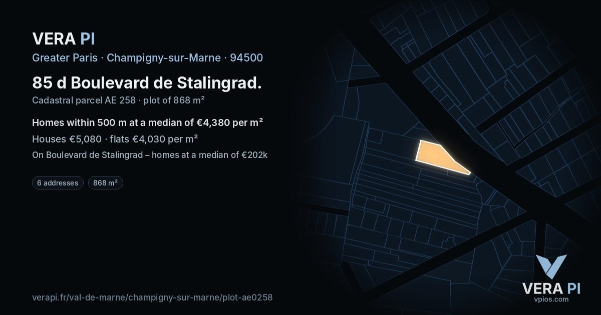 85 d Boulevard de Stalingrad, Champigny-sur-Marne at night – the plot lit, the parcels around coloured by the prices near them