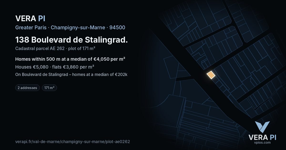 138 Boulevard de Stalingrad, Champigny-sur-Marne at night – the plot lit, the parcels around coloured by the prices near them