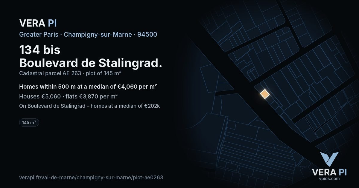 134 bis Boulevard de Stalingrad, Champigny-sur-Marne at night – the plot lit, the parcels around coloured by the prices near them