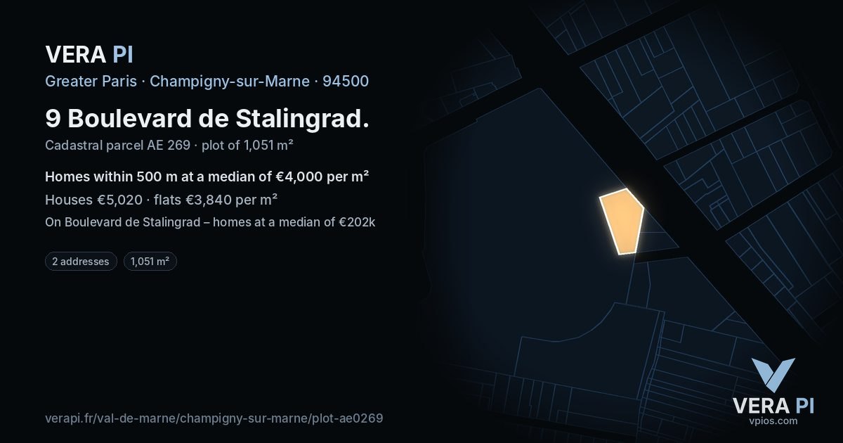 9 Boulevard de Stalingrad, Champigny-sur-Marne at night – the plot lit, the parcels around coloured by the prices near them