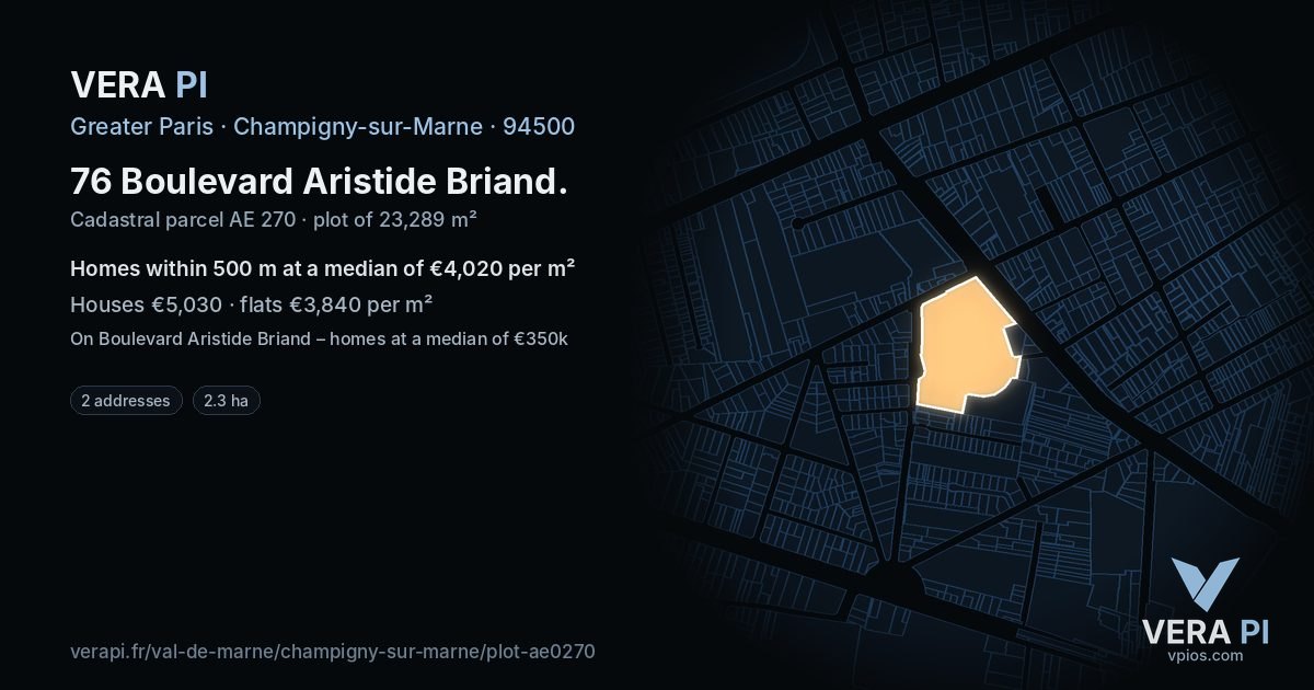 76 Boulevard Aristide Briand, Champigny-sur-Marne at night – the plot lit, the parcels around coloured by the prices near them