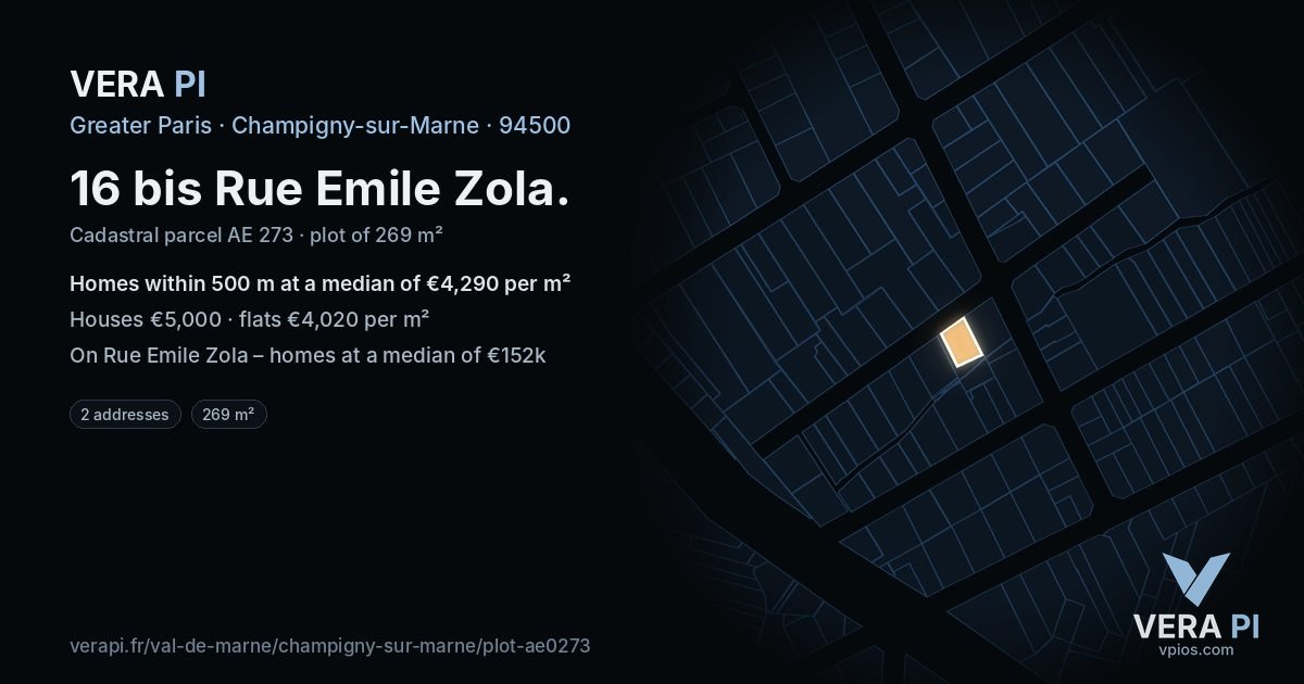 16 bis Rue Emile Zola, Champigny-sur-Marne at night – the plot lit, the parcels around coloured by the prices near them