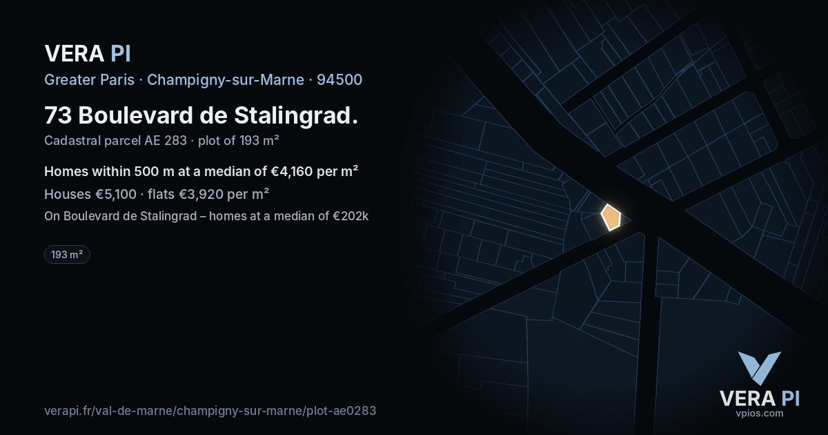 73 Boulevard de Stalingrad, Champigny-sur-Marne at night – the plot lit, the parcels around coloured by the prices near them
