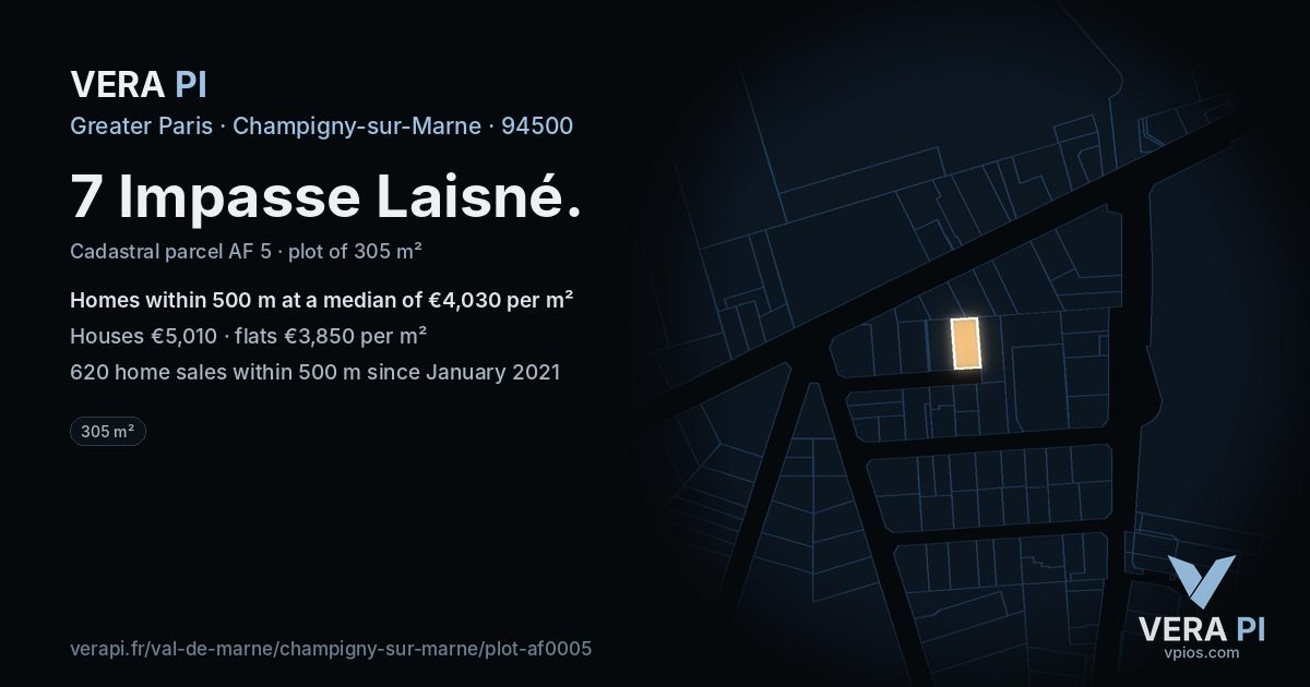 7 Impasse Laisné, Champigny-sur-Marne at night – the plot lit, the parcels around coloured by the prices near them
