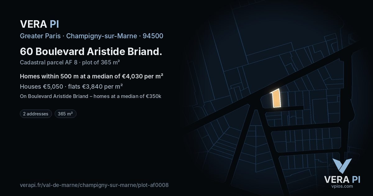 60 Boulevard Aristide Briand, Champigny-sur-Marne at night – the plot lit, the parcels around coloured by the prices near them